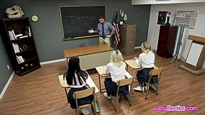 Slutty Coeds Pass Teacher's Monster Cock in Classroom