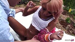 freaky tanned japanese teen seduces stranger for outdoor creampie
