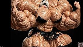 2b grows huge muscular giantess bodybuilder at pump factory fmg ai animation