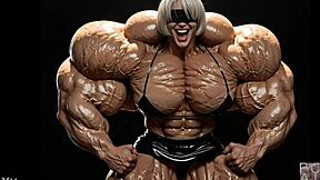 2b grows huge muscular giantess bodybuilder at pump factory fmg ai animation