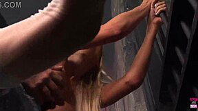 The blonde with fake tits kneels for deep cum gulp from guy