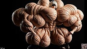 2b grows huge muscular giantess bodybuilder at pump factory fmg ai animation