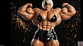 2b grows huge muscular giantess bodybuilder at pump factory fmg ai animation