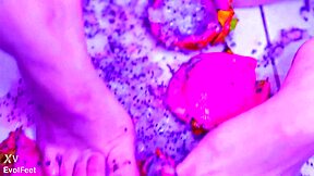bare toes slowly crush and squish juicy fruit in barefoot fetish play