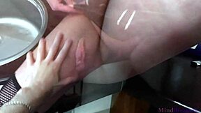 long-haired pierced milf mommy in stockings seduces shaved step son in kitchen for juicy pussy licking and taboo sex