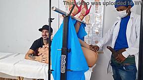 Redhead wife in uniform gets interracial massage from doctor as cuckold watches her ass worship