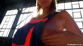 Shelby Moon's Massive Natural Tits Burst Out During Wild Clothes-Ripped Striptease at Work
