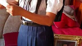 What secrets hide behind this amateur Asian schoolgirl's innocent homemade tease?