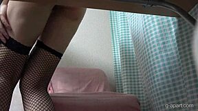 hey naughty japanese babe in fishnets flashes her big boobs on desk webcam