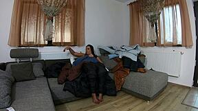 gorgeous curvy housewife in huge fluffy jacket teases ass worship with dirty joi masturbation talk