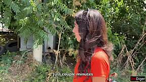 Crazy girl sneaks dick suck in bushes for huge facial walk