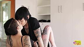 hey, check out this emo lesbian couple riding strap-ons till they both explode in orgasm