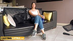 Amateur latina Gianna Diaz spreads natural tits and sweet pussy wide during casting interview for monster cock sex