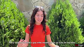 Crazy girl sneaks dick suck in bushes for huge facial walk