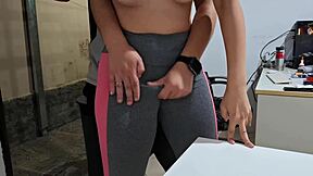 Neighbor helps tease her camel toe on the desk table