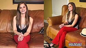 Green-Eyed Brunette Livia Deepthroats Juicy Cock. Petite Hottie Swallows Every Cum Drop