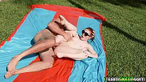 Jmac pounds amber addis' tight shaved pussy outdoor from every angle screaming
