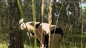Hey, picture this pregnant milf's hairy pussy stuffed with dildo as she struts bikini-clad through public park