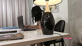 Slutty secretary earns raise by sucking boss cock and riding him in stockings