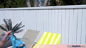 Maya's petite seduction by the pool leads to intimate outdoor fun