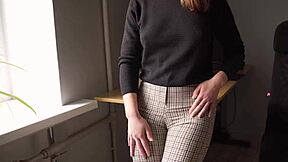 naughty office coworker teases with fat cameltoe pussy lips denial game