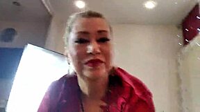 mature slut wife teases with ponytail and cock-filled mouth