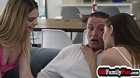 Teen stepsisters Molly Little and Sera Ryder suck stepbro's big cock cowgirl