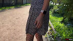 Skinny Teen Flashes Ass Plug Upskirt in Fishnets Publicly