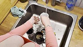 Curvy Blonde Cleaning Lady in Leggings Gets Pussy Creampie Doggystyle