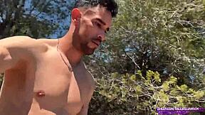 Muscular big cock bodybuilder flashes strokes huge dick naked public trail