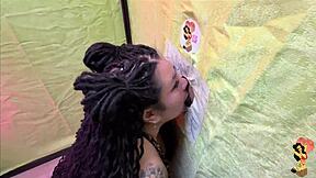 Glory hole milf slurps cum from small cocks with huge wet tits!