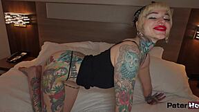 hey dude this tattooed blonde slut squirts nonstop on huge cock orgasming wild