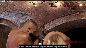 Blonde cruel milf mistress degrades and whips her slave guy brutally