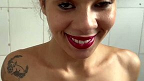 pretty lipstick girl gags choking on cock with ball licking and facial cumshot