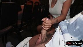 in the dark cinema a stranger gropes young latina teen's shaved pussy under her skirt