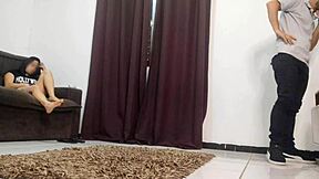 Brazilian housewife in short dress no panties begs technician for bareback doggystyle creampie pounding