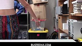 Shoplifter's wet pussy meets burglar security's huge dick pounding in garage!