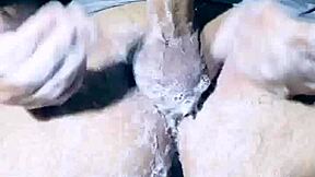 Naked man showers sensually flashing huge cock outdoor voyeur style