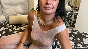 i love ripping fishnets on this brunette milf mommy to finger her close-up pussy slit