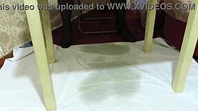 Wow, milf pees under table in shaved pussy fetish comp!