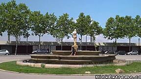 Bound Spanish babe takes outdoor public gangbang pounding