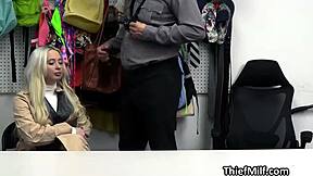 Big Tit Cougar Steals Merch Deepthroats Cock Fucks Doggystyle in Office Heels Hidden Cam
