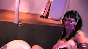 Two tattooed brunette bitches worship feet then strap on lick pussies in hardcore bdsm