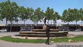 Bound Spanish babe takes outdoor public gangbang pounding