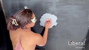 skinny latina tattooed girl fucked hard by two strangers through glory hole