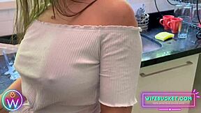 amateur milf wife cums hard kitchen fuck fed by hubby