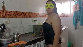 met her at bar now pays this puta maid in sheer stockings heels groping her huge tits