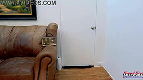 hey check out nerdy redhead olivia x fingering her shaved pussy then deepthroating cock on sofa