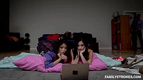 pajama party lets stepdaddy plunge two teen pussies