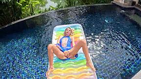 Outdoor pool oral sex with amateur skinny blonde in sexy lingerie
